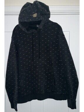 Nike Hoodie Mens Large Black AOP Swoosh Drawstring Pullover Hooded Sweatshirt